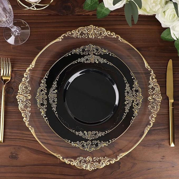 Efavormart 10 Pack | 10" Black and Gold Baroque Dinner Plates, Leaf Embossed Metallic Rim Heavy Duty Serving Plates for Evening Galas and Formal Hosting