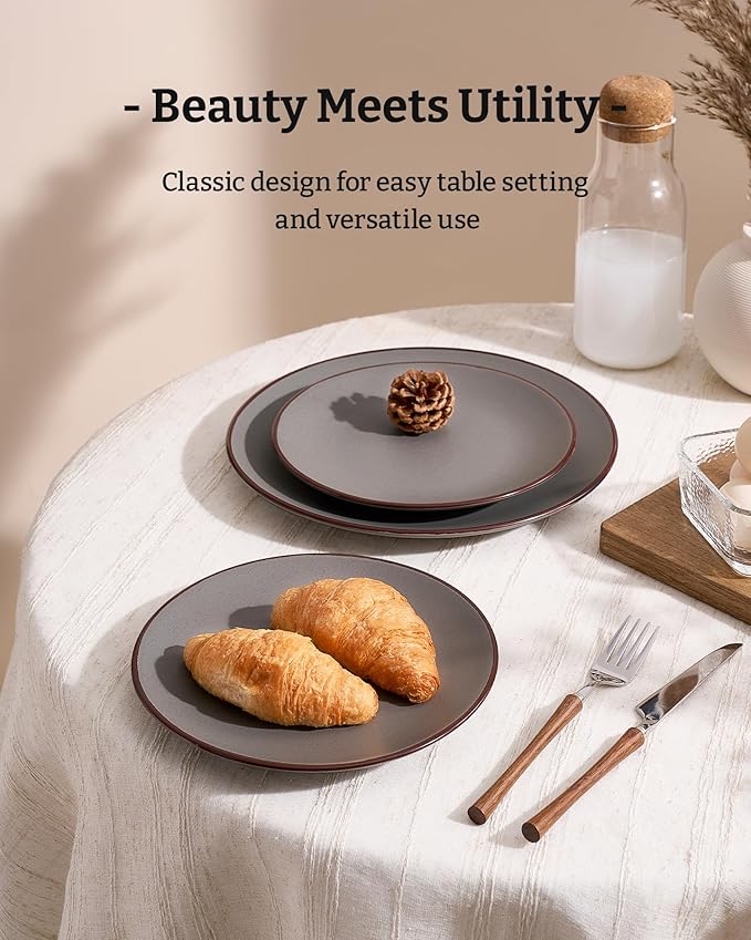Famiware Venus Plates and Bowls Sets with Trim, 18 Pieces Speckled Stoneware Dinnerware Set for 6, Matte Dark Gray - Modern Minimalist, Microwave & Dishwasher Safe Dishes for Everyday & Formal Dining