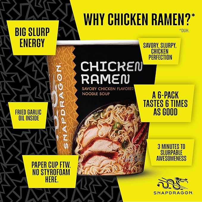 Snapdragon Chicken Ramen Cup Noodles - 6 Pack Instant Ramen Bowl with Authentic Wheat Noodles, Soup Flavor Sauce, Vege Pack, and Garlic Flavoring Oil. Microwave or Hot Water, Easy Meal Prep