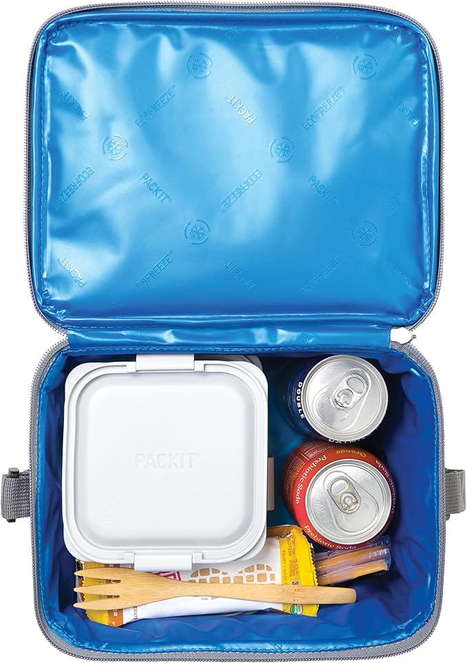 PackIt Freezable Essential Lunch Cooler, Gray Fog, Built with EcoFreeze Technology, Fully Freezable, Collapsible, Reusable, With Adjustable Crossbody Strap, Top Clip Handle, Designed for Fresh Office