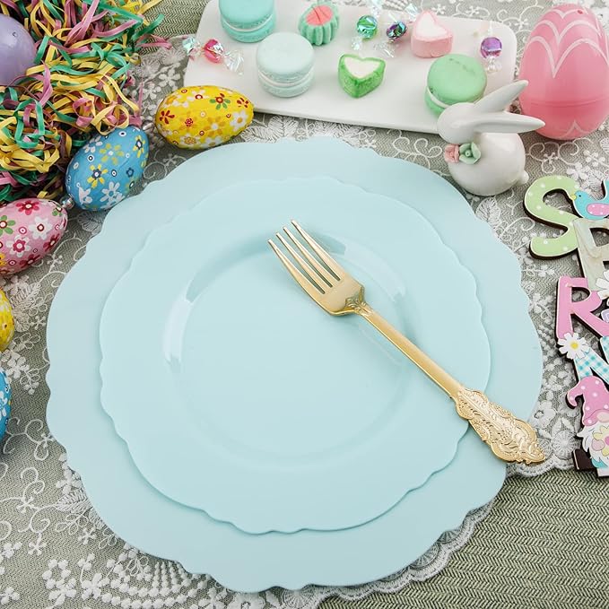 WDF 60pcs Mint Green Plastic Plates - Baroque Dinner Plates Including 30 Green Plates Disposable10.25inch, 30 Dessert Plates 7.5inch for Upscale Wedding/Party/Picnic/Spring