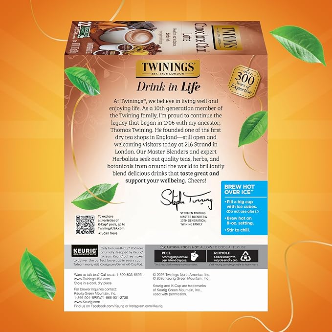 NEW Twinings Chocolate Chai Latte Tea K-Cup Pods for Keurig, 22 Count (Pack of 1), Velvety Smooth Cocoa with Real Spiced Tea, Caffeinated, Enjoy Hot or Iced