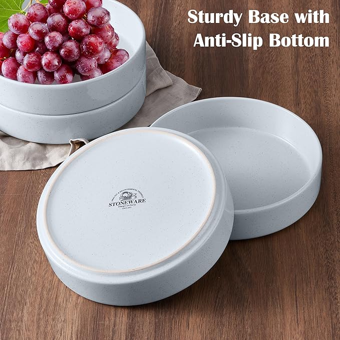 E-far Pasta Bowls Set of 4, 35oz Ceramic Large Salad Bowl Plates for Serving Soup Dinner, Shallow Stoneware Pasta Plate, Microwave & Dishwasher Safe, Speckled Gray