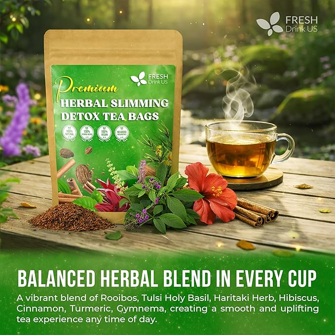 FreshDrinkUS, 30 Tea Bags Herbal Tea – Caffeine-Free Herbal Tea with Rooibos, Turmeric & Hibiscus – Loose Leaf Blend for Daily Rituals and Clean Living – Vegan, No Additives