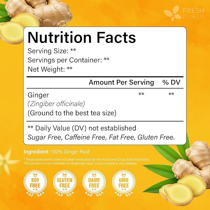 FreshDrinkUS, 150 Premium Ginger Tea Bags, Non GMO, 100% Natural & Pure from Ginger Root, Root Herbal Tea. No Sugar, No Caffeine, No Gluten, Vegan. Support Stronger Digestion, Pleasantly Spicy & Warming