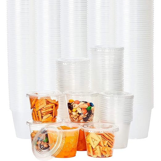 Leakproof BPA-Free 5.5 oz Souffle Cups and Lids 200 Pk. Stackable Portion Containers for Sampling, Salad Dressing, Sauces, Jello Shot. Plastic Food Prep Supplies for Restaurant Cafe Catering Deli.