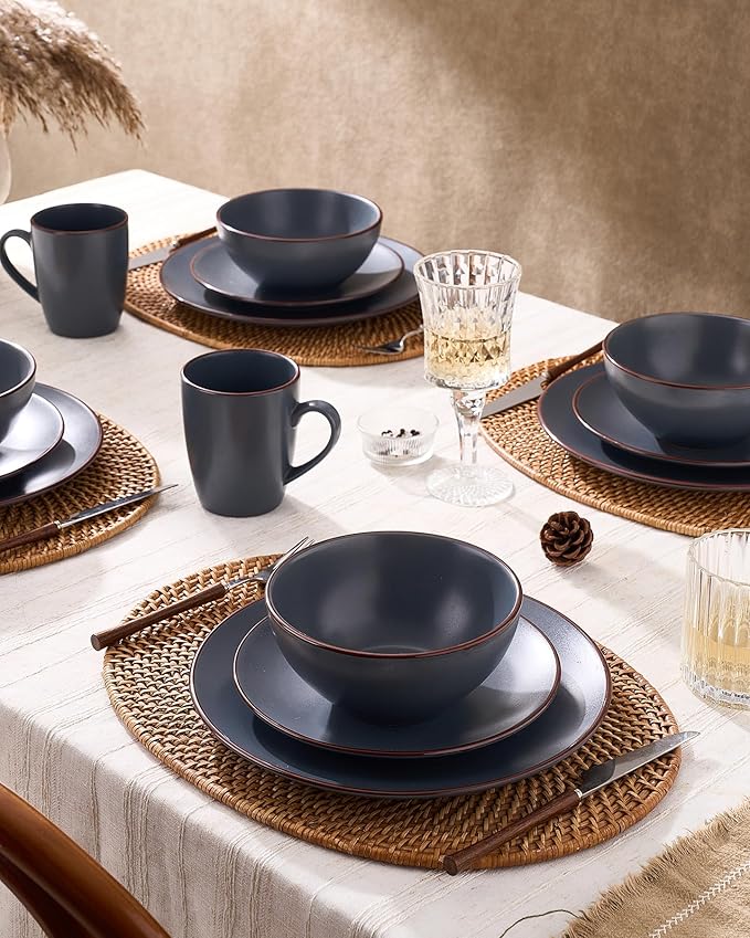 Famiware Venus 16-Piece Stoneware Dinnerware Sets with Mugs, Plates, Bowls, Service for 4, Matte Charcoal - Modern Ceramic Chip‑Resistant Dishes for Everyday & Formal Use, Microwave & Dishwasher Safe