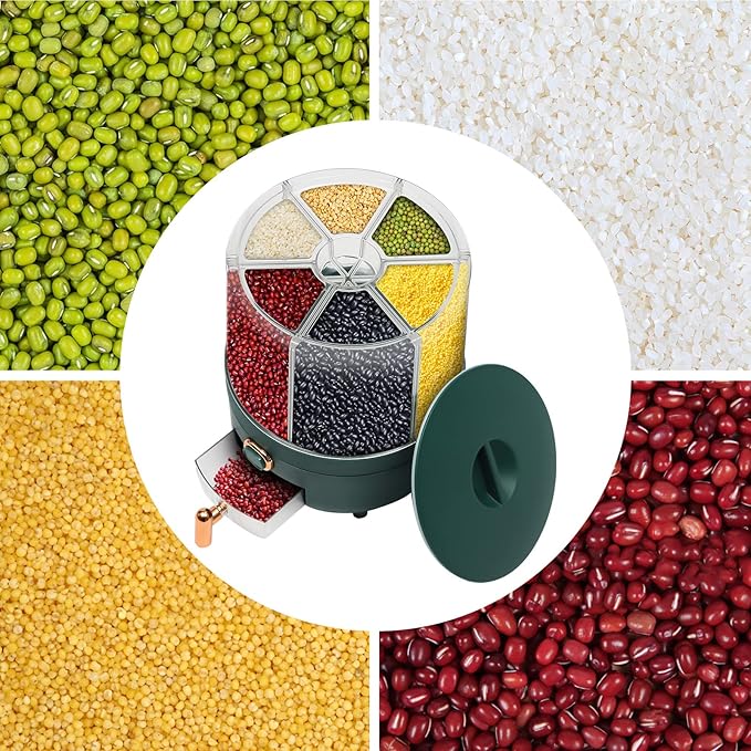 Modern 6-Compartment Rotating Grain Dispenser, 360 Rotating Food Dispenser, One-Click Output, Rice Storage Container (Green 1.4kg)