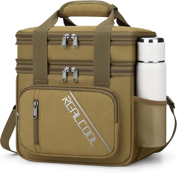 RealCool Lunch Bag, Insulated Lunch Box for Men Women, Double Deck Leakproof Soft Cooler Bag with Adjustable Strap, Reusable Lunchbox for Work, Travel, Camping (Khaki)