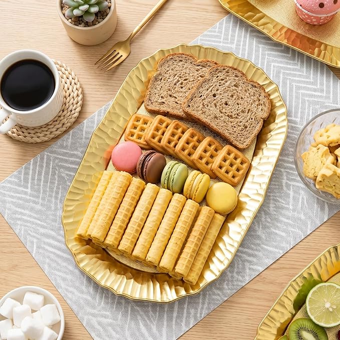 AVLA 6 Pack Plastic Serving Tray, Gold Serving Platter Set, Reusable Party Snack Serving Tray, Decorative Food Appetizer Platters for Dessert Table, Cupcake, Charcuterie, Cookies, 14" x 8.5"