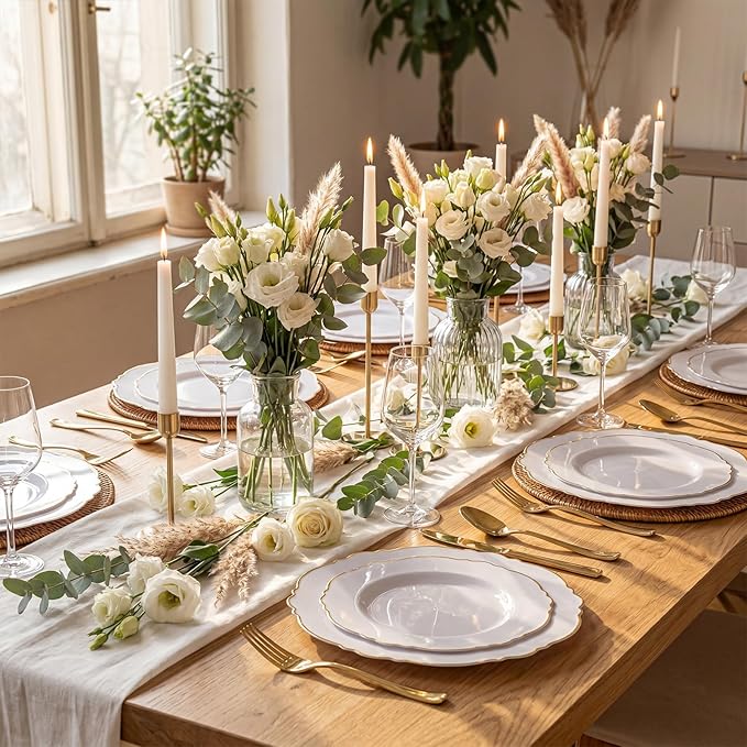 WDF 60pcs White and Gold Plastic Plates - Baroque White With Gold of 30 Heavy Duty Gold dinner plates 10.25inch, 30 Salad Plates 7.5inch Perfect for Wedding/Baby Shower/Spring