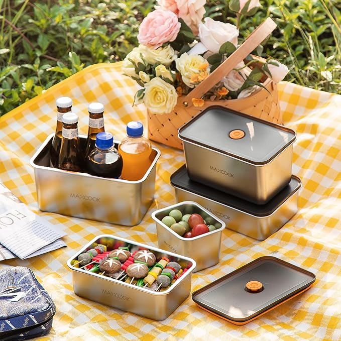 Stainless Steel Food Containers with Lids, 18.6 oz & 71 oz Food Storage Container set, Metal Food Container Bento Box, Snack Container set with Lid,Dishwasher & Freezer Safe(2100 ml & 550 ml)
