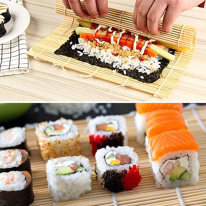 FUNGYAND Bamboo Sushi Rolling Mat with 2 Pairs of Chopsticks Natural Bamboo 9.5"x9.5" 2 Pcs Sushi Making Kit