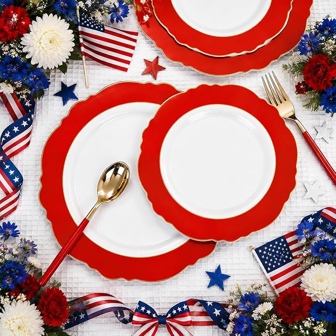 WDF 60pcs Red Plastic Plates with Gold Rim - 10.25inch Red Dinner Plates Disposable Plates for Mother's Day Wedding Party Birthday/Memorial Day/4th of July