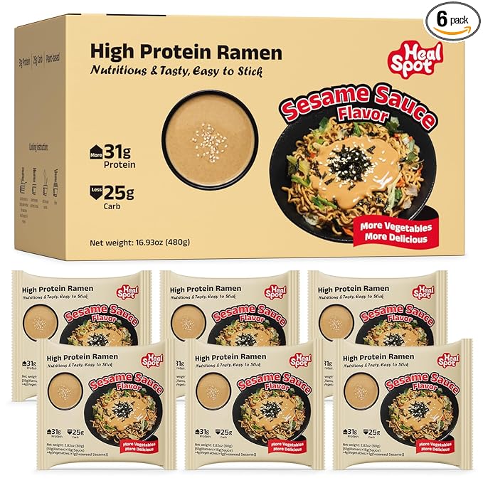 HealSpot High Protein Instant Ramen, 31g Plant Based Protein, Low Fat, Low Carb, Non GMO, Keto Friendly, Plant Based Dry Mixed Ramen, 6 Packs of Sesame Sauce Flavor | 50% Protein, Keto Friendly, Vegen Friendly, Healthy Quick Meal