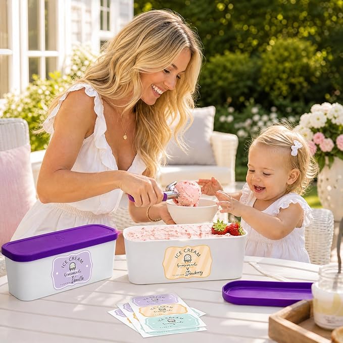 Set of 2 Reusable Ice Cream Tub Containers 1.6 Quart Ea. - Perfect for Homemade Sorbet, Frozen Yogurt Or Gelato - Stackable Storage Containers, Stickers And Lids Stores Easily In Freezer