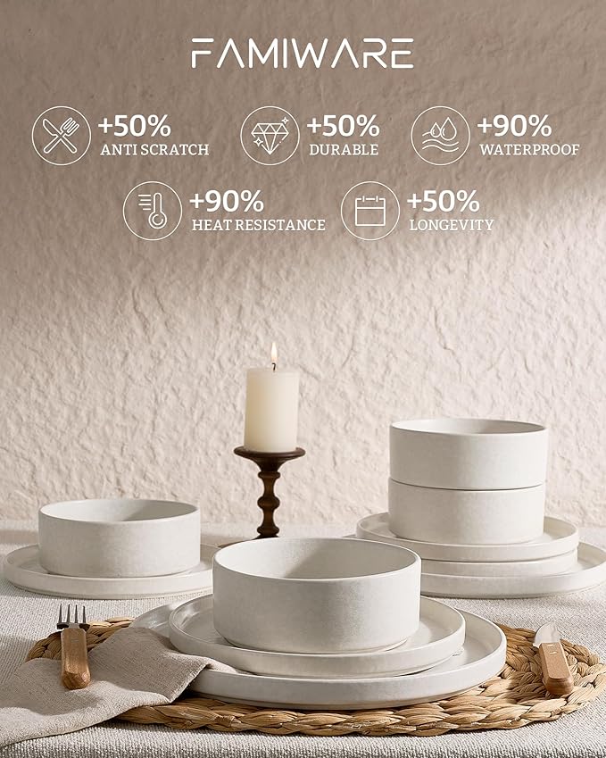 Famiware Nebula Plates and Bowls Sets, 24 Pieces Stoneware Dinnerware Sets, Reactive Glaze Dish Set, Dishes Set for 8, Matte Beige White