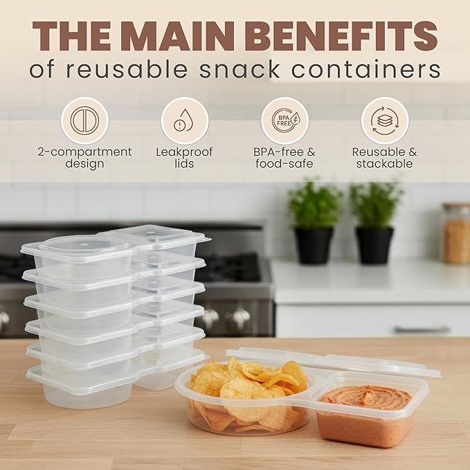 Reusable Snack Containers with Lids 10 Pack – 2 Compartment Portion Control Food Storage Boxes, Leakproof Snack Tray, Stackable Containers for Travel, Office & Home (10)