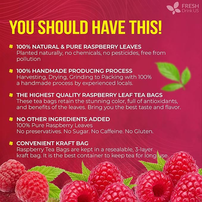 FreshDrinkUS, 75 Bags Premium Raspberry Leaf Teawith Chamomile Flavor, Eases Menstrual Cramps & Supports Healthy Pregnancy, Naturally, Caffeine-Free, Sugar Free, Vegan