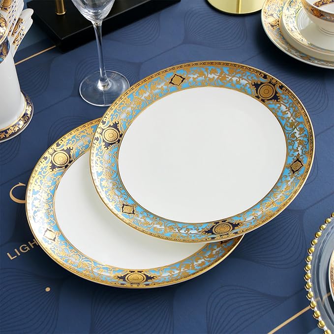 Bone China Dinnerware Set for 4, 8 Piece Tableware for Dining,Ornate Retro Pattern Plates for Fine Dining, Wedding Reception, Anniversary and Restaurant Use