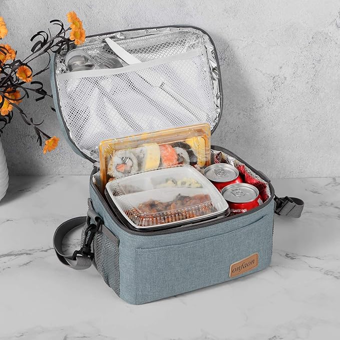 ONFAON Lunch Bag for Men/Women, Insulated Reusable Lunch Box Leakproof Cooler Tote Bag Freezable with Adjustable Shoulder Strap for Office Work Picnic Beach(Grey)