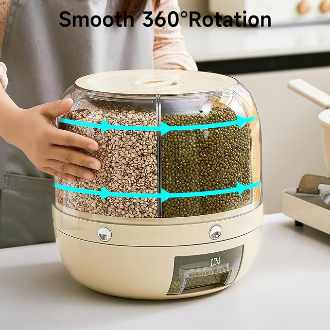 UFORU Rice Dispenser | 360° Rotating Grain Storage Bin - 6 Grids, 20LBS Large Capacity Food Container, Moisture-Proof, One-Click Output for Rice, Beans & Pet Food - Kitchen Pantry Organizer