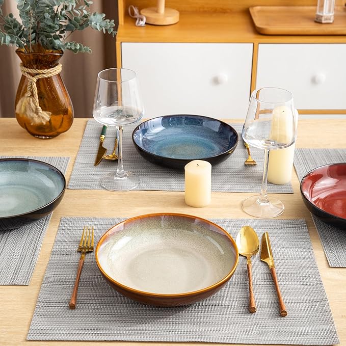 LERATIO Large Pasta Bowls,38oz Ceramic Pasta Bowls,9.0" Reactive Glaze Pasta Bowl Set of 6,Microwave & Dishwasher,Oven Safe,Wide Serving Bowls for Salad,Pasta,Fruit,Scratch Resistant-Colorful