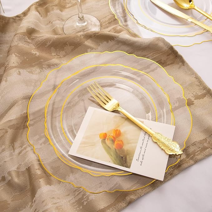 WDF 100pcs Clear Disposable Plastic Plates With Gold Trim - Baroque Clear Gold including 50PCS Dinner Plates 10.25inch and 50PCS Salad Plates 7.5inch for Wedding Baby Shower Spring Birthday