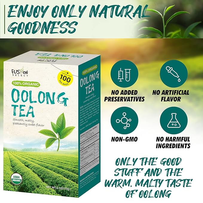 Fusion Select Organic Oolong Tea Bags - Smooth, Mildly Sweet Flavor – Healthy, Relaxing, Fresh Herbal Drink - Instant, Just Steep In Hot Water - 100 Packets of Individual Tea Bags Per Box