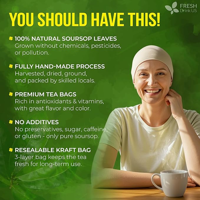 FreshDrinkUS, Premium 10 Soursop Graviola Leaf Tea Bags, 100% Natural & Pure from Soursop Leaves, Hoja Guanabana Herbal Tea. Made with Natural Material Tea Bags. No Sugar, No Caffeine, Vegan.