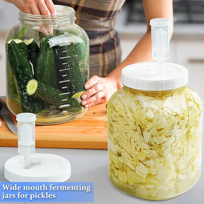 Folinstall 2 Pack 1 Gallon Large Fermentation Jars w 2 SCREW Lid and 3 Airlock - 100% Airtight Lid, Wide Mouth Glass Jar, Pickle Jar w Scale Mark for Sourdough Starter