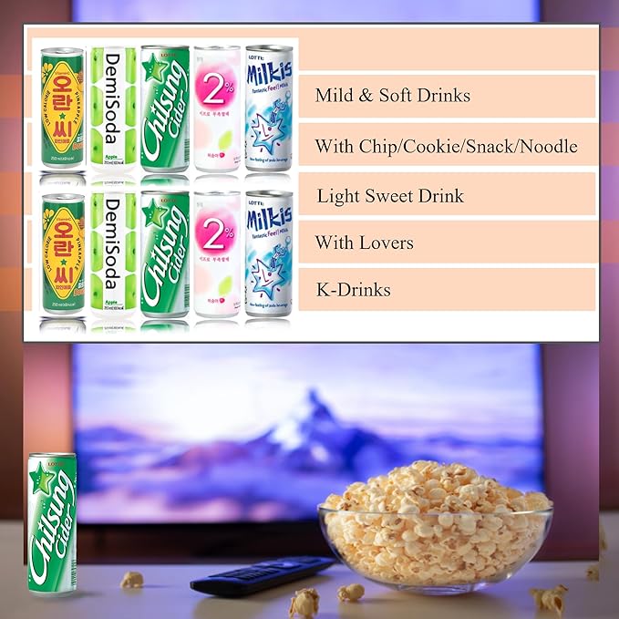 FRKR Korean 10 &12 Drinks Assortment Gift Box [Chilsung Cider/Mikis/Demisoda/Banana Milk/McCOL/MoguMogu/2%/SacSac/Etc.] Soft Drinks + Real Fruit Drinks + Energy Drinks (10, Movie Night)