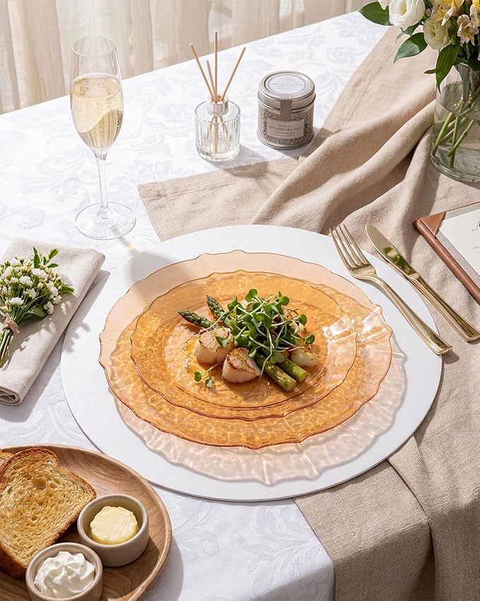 bUCLA 40PCS Orange Plastic Disposable Plates - Fancy Clear Orange Hammered with Gold Lace-Edge - Include 20 Each (10inch Dinner & 7inch Dessert) Plates for Party & Wedding