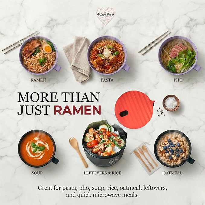 AI LOVE PEACE Soup and Ramen Bowl Set of 2, 40 oz Microwaveable Noodle Bowls with Lids, Dishwasher Safe for Pho, Pasta, Rice, Oatmeal, Work Lunch (Purple & Red)