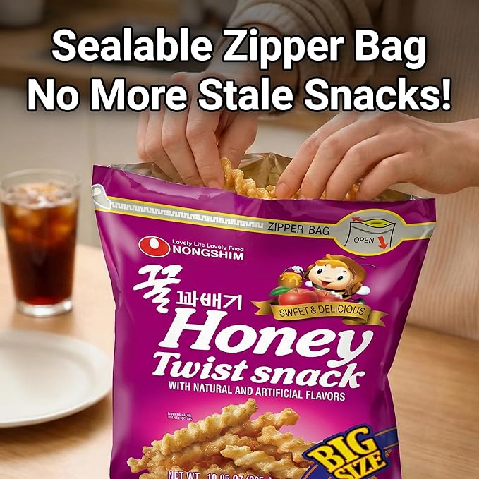 Nongshim Honey Twist Snack, Sweet Crispy Korean Snack, Acacia Honey, Twisted Crinkle Shape, Crunchy Kids Snacks, Big Size Resealable Bag, 10.05 oz (1 Pack)