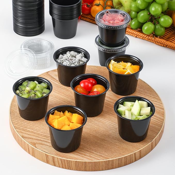 AOZITA 120-5.5 oz Black Portion Cups, Small Plastic Containers with Lids, Airtight and Stackable Souffle Cups, Salad Dressing Container, Sauce Cups, Condiment Cups for Lunch, Party to Go, Trips
