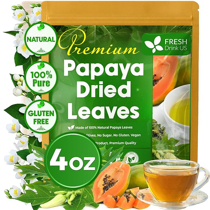 FreshDrinkUS, Premium 4oz Papaya Leaves For Tea, 100% Natural & Pure from Papaya Leaves. Loose Leaf Herbal Tea. Made with Natural Material Tea Bags. No Sugar, No Caffeine, No Gluten, Vegan.