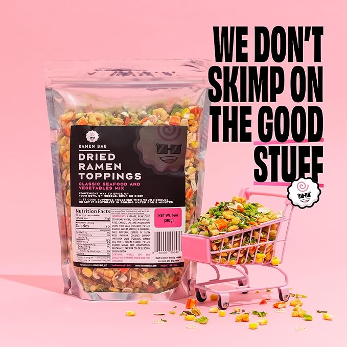 Ramen Bae Classic Seafood & Veggie Mix Dried Ramen Toppings - Low Fat, Low Sodium, Dehydrated Ramen Toppers, Add Ins, Mix Ins for Ramens, Noodles, Soup, Fried Rice - Easy To Prep, Up To 20 Servings
