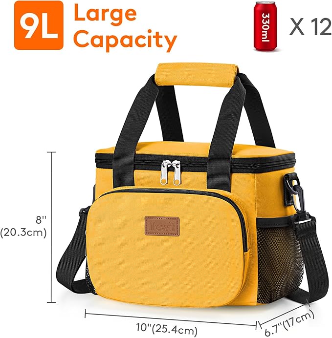 Lifewit Medium Lunch Bag, Insulated Lunch Box, Soft Cooler Cooling Tote for Adult Men Women, Orange 12-Can (9L)