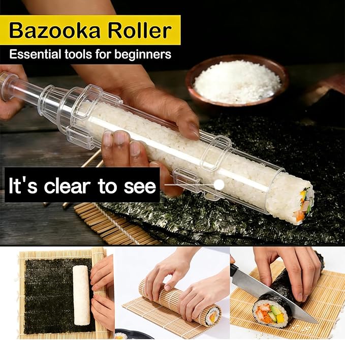 Sushi Making Kit Set – Clear Sushi Bazooka, Musubi Press Mold, Onigiri Rice Mold & Bamboo Sushi Rolling Mat – Easy Homemade Sushi Tools for Beginners & Sushi Lovers