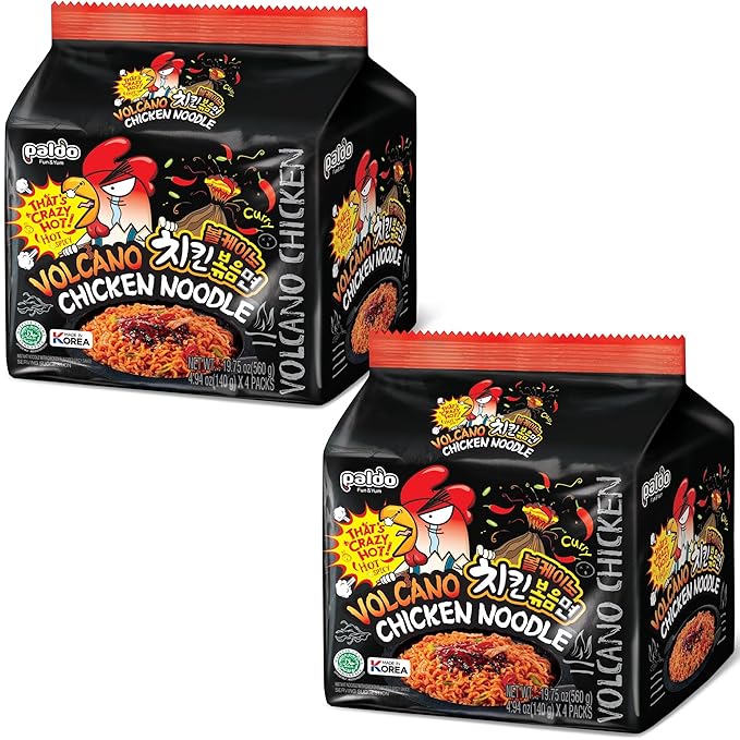 Paldo Fun & Yum Volcano Extremely Hot & Spicy Stir Fried Chicken Instant Noodles, Pack of 8, Soupless Original Korean Ramyun, Spicy Ramen Challenge, Chicken Bokkeummyun, 볼케이노 치킨볶음면 140g (4.93 oz) x 8