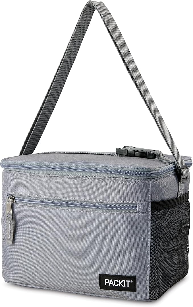 PackIt Freezable Essential Lunch Cooler, Gray Fog, Built with EcoFreeze Technology, Fully Freezable, Collapsible, Reusable, With Adjustable Crossbody Strap, Top Clip Handle, Designed for Fresh Office