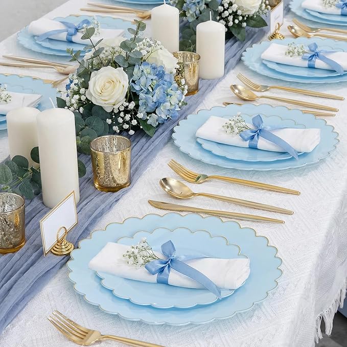 LIYH 120 Pcs Baby Blue Plastic Plates with Gold Edge - Disposable Light Blue Scalloped Baby Shower Plastic Plates Includes 60 Dinner Plate 10.25" & 60 Dessert Plate 7.5" for Party Birthday