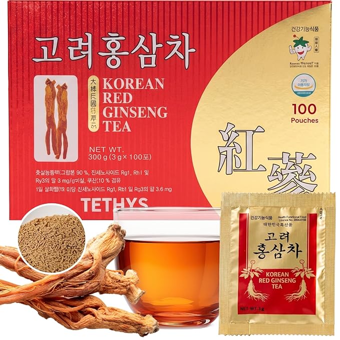 Korean Food TETHYS Premium Korean Red Ginseng Tea - 300g (10.58 oz) 9-Step Steamed & Dried Panax Ginseng, Instant Granules, Caffeine-Free Wellness Tea