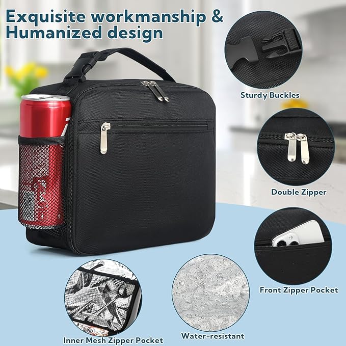 12 Pack lunch box Bulk,Insulated Reusable Lunch Bags with Aluminum for Women Men Girls Kids,Leakproof lunch boxes,Small Lunch Tote Bag for Office,Work,Beach or Travel,Black