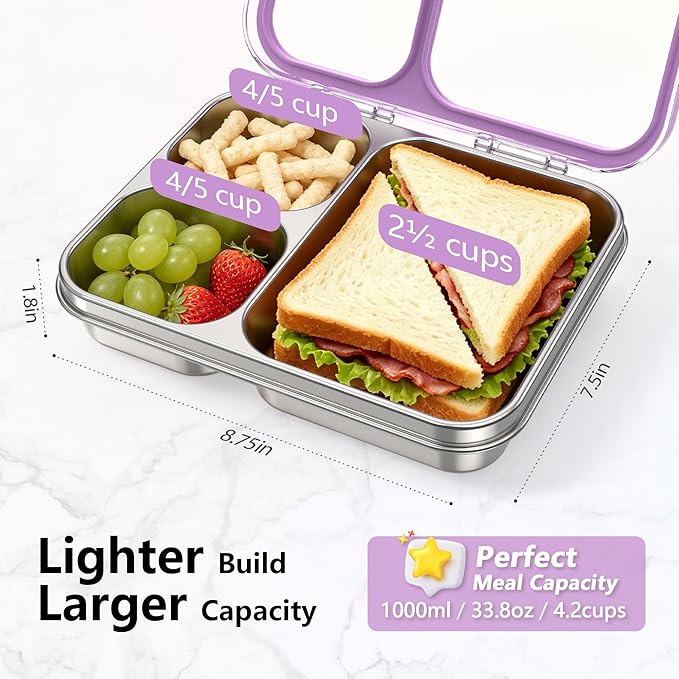 HOMEKOL Stainless Steel Bento Lunch Box, 3-Compartment Leak-Proof Metal Lunch Container for Kids & Adults, BPA-Free, Dishwasher Safe, Clear Tritan Lid, 4.2Cups/1000ml Purple (Not Insulated)