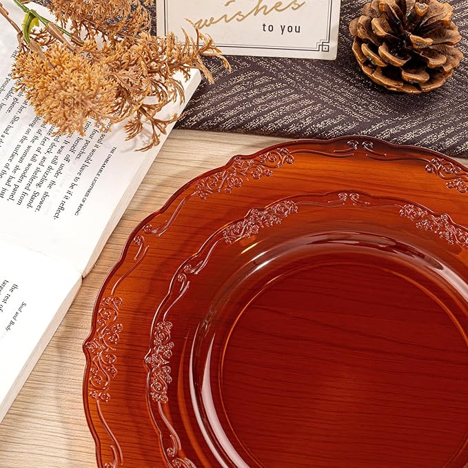 U-QE 100PCS Amber Plastic Plates - Clear Brown Plastic Plates Disposable Heavy Duty - Disposable Plates for Party Including 50PCS 10'' Dinner & 50PCS 7.5'' Dessert Plate
