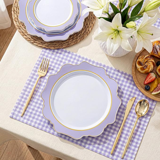 WDF 100PCS Purple Disposable Plates - Lavender Plates - Heavy Duty Scalloped Purple Plastic Plate for Party/Wedding/Birthday/Spring
