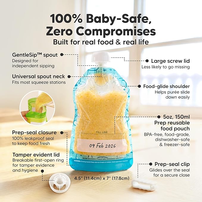 12-Pack Reusable Baby Food Pouches Refillable – 5oz Reusable Pouches for Toddlers, Kids Squeezable Yogurt, Apple Sauce, Fruit Smoothie, Baby Puree Container, Homemade Baby Food Essentials (Little Zoo)
