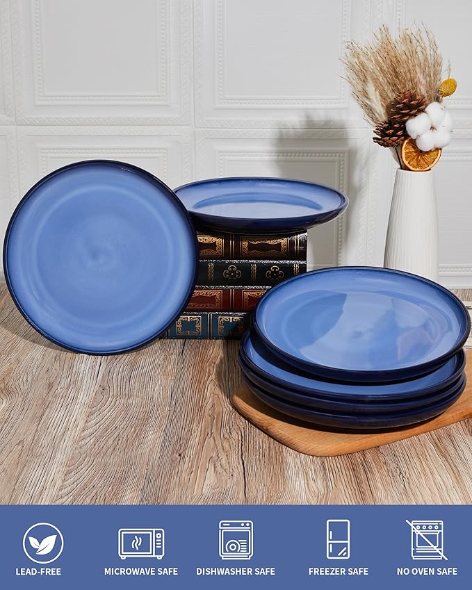 Pokini Dinner Plates for 6, 10 Inches Plate Set, Scratch Resistant, Large Stoneware Dinnerware, Kitchen Modern Rustic Serving Dishes, Light Blue